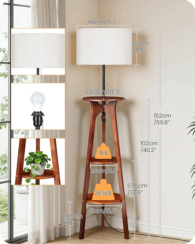 3 Tier Shelf Floor Lamps, Wood Tripod Floor Lamp, Large Linen Lampshade, 3 Color Temperature LED Bulb Included, Modern Shelf Floor Lamp for Living Room Bedroom Beige and Walnut STE25LD05