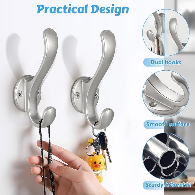 8 Pack Coat Hooks Wall Mount Heavy Duty Utility Retro Double Hooks for Hanging Coats,Hat, Towel, Key, Robe, Scarf, Bag, Cap (Silver)