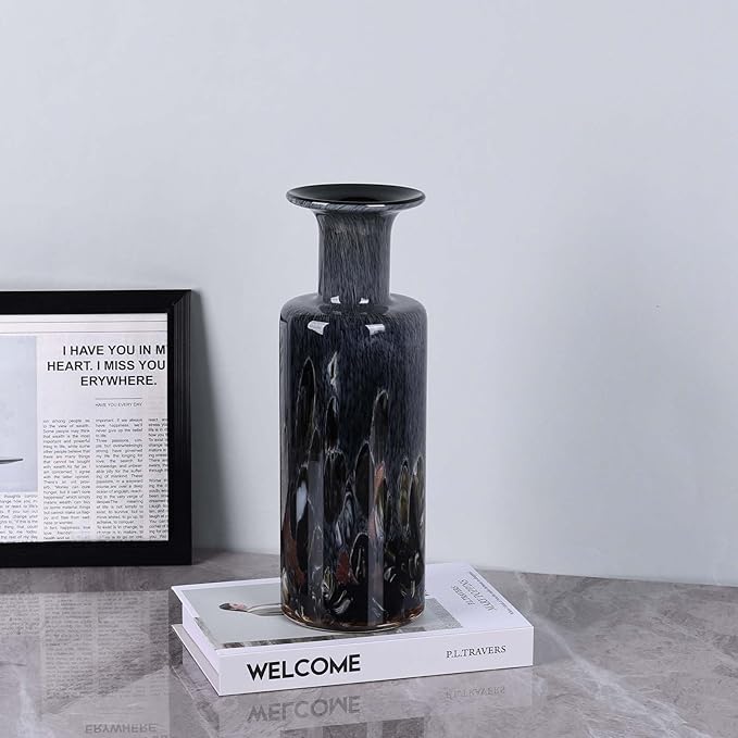 Hand Blown Glass Vase Smoke Gray – Murano Style Art Glass Vase with Wide Mouth for Flowers, Unique Bubble Vase, Modern Coastal Glass Decor for Dining Room, Coffee Table, Living Room Display(Gray)