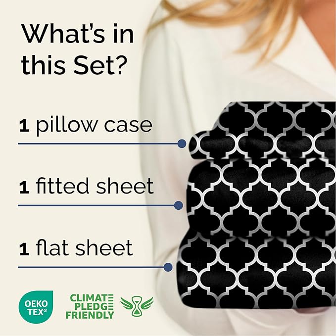 Black Geometric Bed Sheets - 1 Flat & 1 Fitted Sheet & 1 Pillowcase w/ Deep Pockets – Wrinkle & Fade Free- Ultra-Soft, Breathable and Cooling - Luxury Moroccan Bed Set – Twin Size - Black Quatrefoil