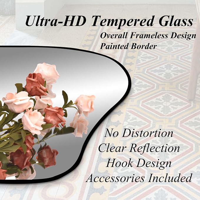Irregular Wall Mirror, 47.2"x24" Asymmetrical Tempered Glass Mirror, Frameless Organic Shaped Mirrors for Entryway Bedroom Living Room Bathroom, Horizontal or Vertical Hanging
