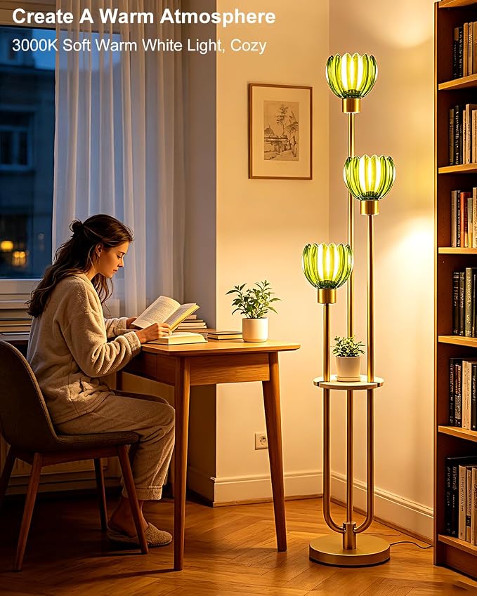 Lightdot 3-Lights Glass Floor Lamp for Living Room Modern Gold Floor Lamps with Lotus Green Glass Shade& Bulbs Included for Wedding/Party Tall Standing Lamp for Bedroom/Sofa Beside/Corner Decor