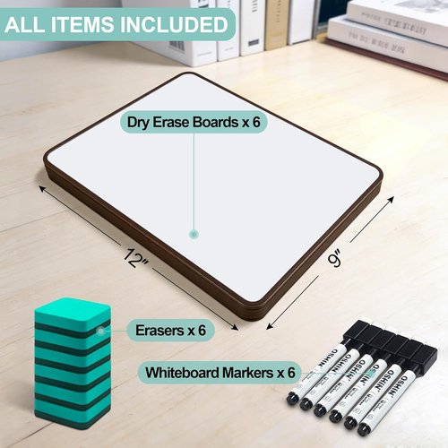 Skiennix 6 Pack Small Whiteboards - Double-Sided Portable Dry Erase Boards for Kids & Teachers | 9"x12" with Markers & Erasers