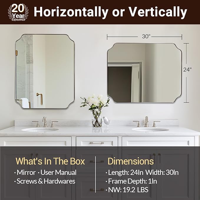 ANDY STAR 24"x30" Brushed Nickel Mirror, Silver Vanity Mirror for Bathroom Sink, Modern Scalloped Mirror in Rustproof Stainless Steel Thin Frame, Unique Rounded Notched Corners, Ideal for Home Remodel