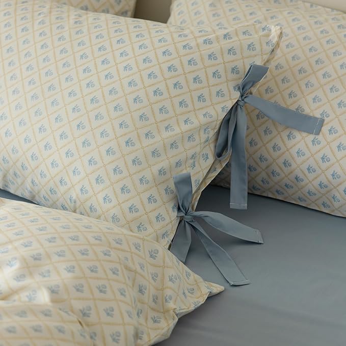 Blue Flower Comforter Set Full Checkered Grid Floral Comforter Set Kids Girls Vintage Country Style Coquette Bedding Comforter Full with 2 Bow Tie Pillowcases Cute Flower Botanical Comforter Set