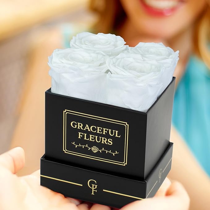 Graceful Fleurs | Real Long Lasting Roses for Years | Preserved Fresh Flowers for Delivery Birthday | Birthday Gifts for Women | Forever Roses in a Box (White, Black Box, 4 Roses)