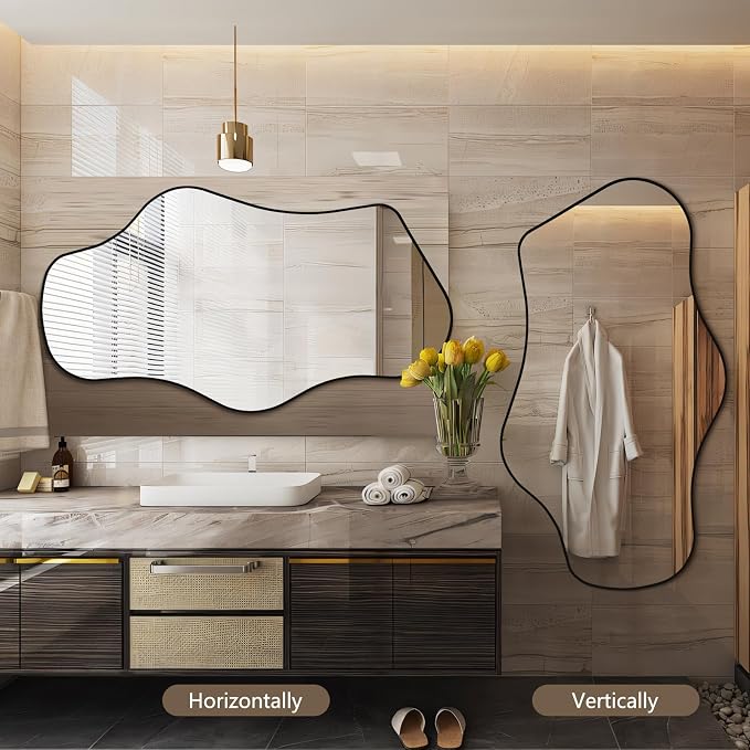 Mirrorons Irregular Wall Mirror 51×28, Black Asymmetrical Decorative Bathroom Mirror, Cloud Mirror, Modern Vanity Mirror, Shatterproof Black Mirror