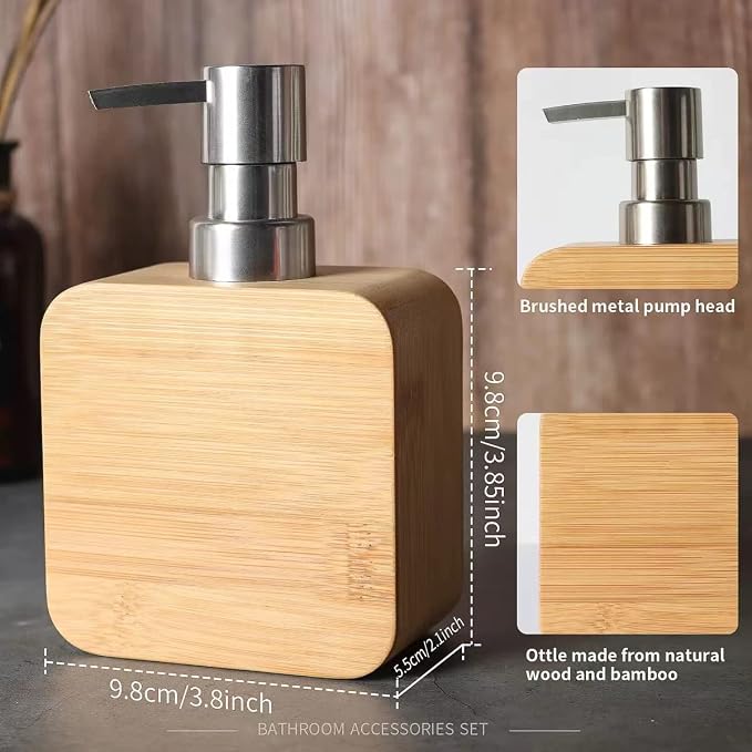 4Pcs Handmade Bamboo Sink & Bathroom Accessories Set Retro Set, Natural, Soap Dish Holder for Shower, Lotion Soap Dispenser, Mouthwash Cup, Rinse Cup, Organiser Tray for Hotel, House, Office