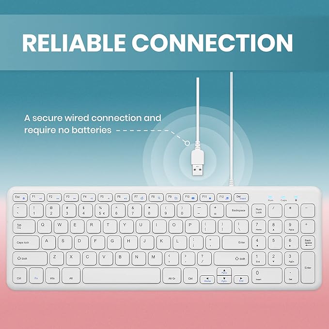 Perixx PERIBOARD-213W Wired Quiet USB Scissor Keyboard - 14.45x4.76x0.70 Inches - Compact Design with Number Pad - White - US English (PERIBOARD-213US)