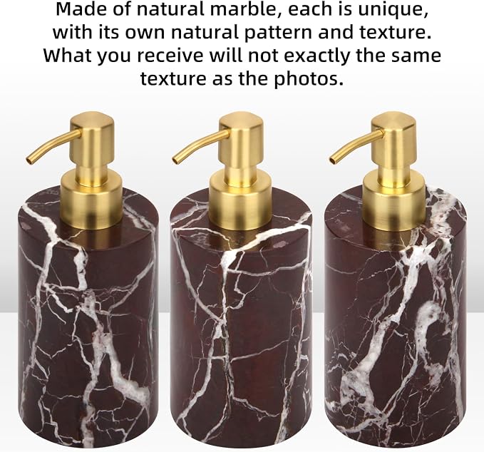 Natural Marble Soap Dispenser for Bathroom and Kitchen Countertop - 5.41 Ounces Hand Lotion and Liquid Stone Shampoo Laundry Bottle with Pump (1, Rosso Lepanto, Cylindrical Bottle)