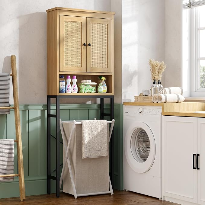 knoworld Rattan Over The Toilet Storage Cabinet, Metal Stand Above Toilet Bathroom Organizer, Behind Toilet Cabinet with Adjustable Shelf, Space Saver for Restroom, Bathroom, Laundry, Natural