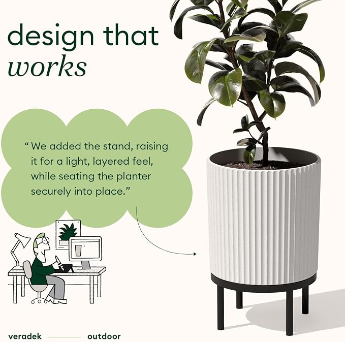 Veradek Demi Series Round Planter w/Stand for Porch/Patio | Durable Plastic-Stone Composite & Wooden Stand | Modern Décor for Tall Plants, Flowers