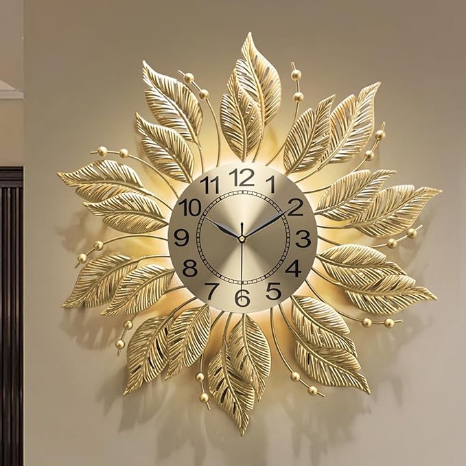 Gold Wall Clock Sunburst,23 Inch Mid Century Decorative Modern Wall Clocks Battery Operated Sunburst Large Handmade Home Art Decor for Living Room,Corridor,Staircase,Kitchen&Thoughtful Gift
