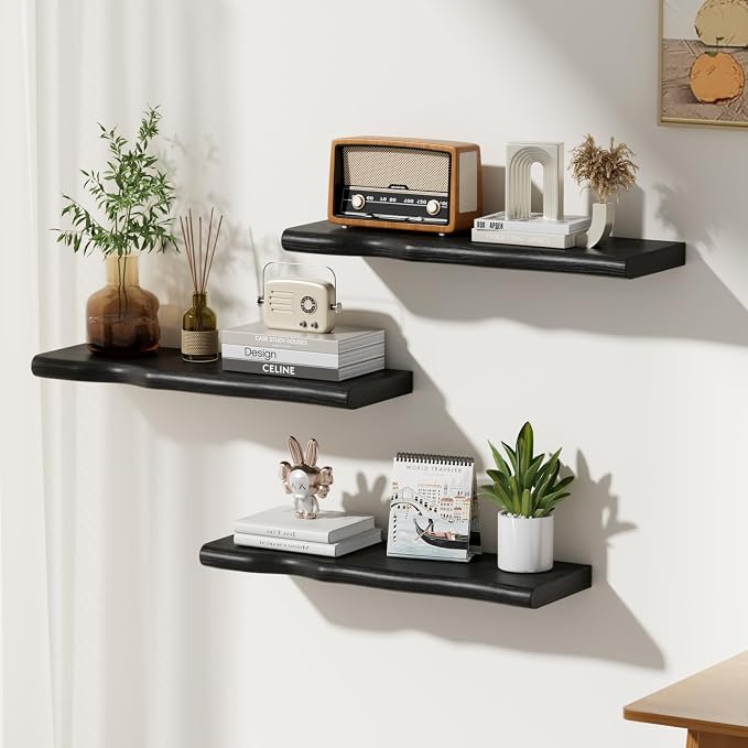 Solid Wood Live Edge Floating Shelves Set of 2 – 24" Rustic Wall Shelf with Hidden Bracket System, Wall Mounted Shelves for Bathroom, Kitchen, Living Room, Bedroom (Black)