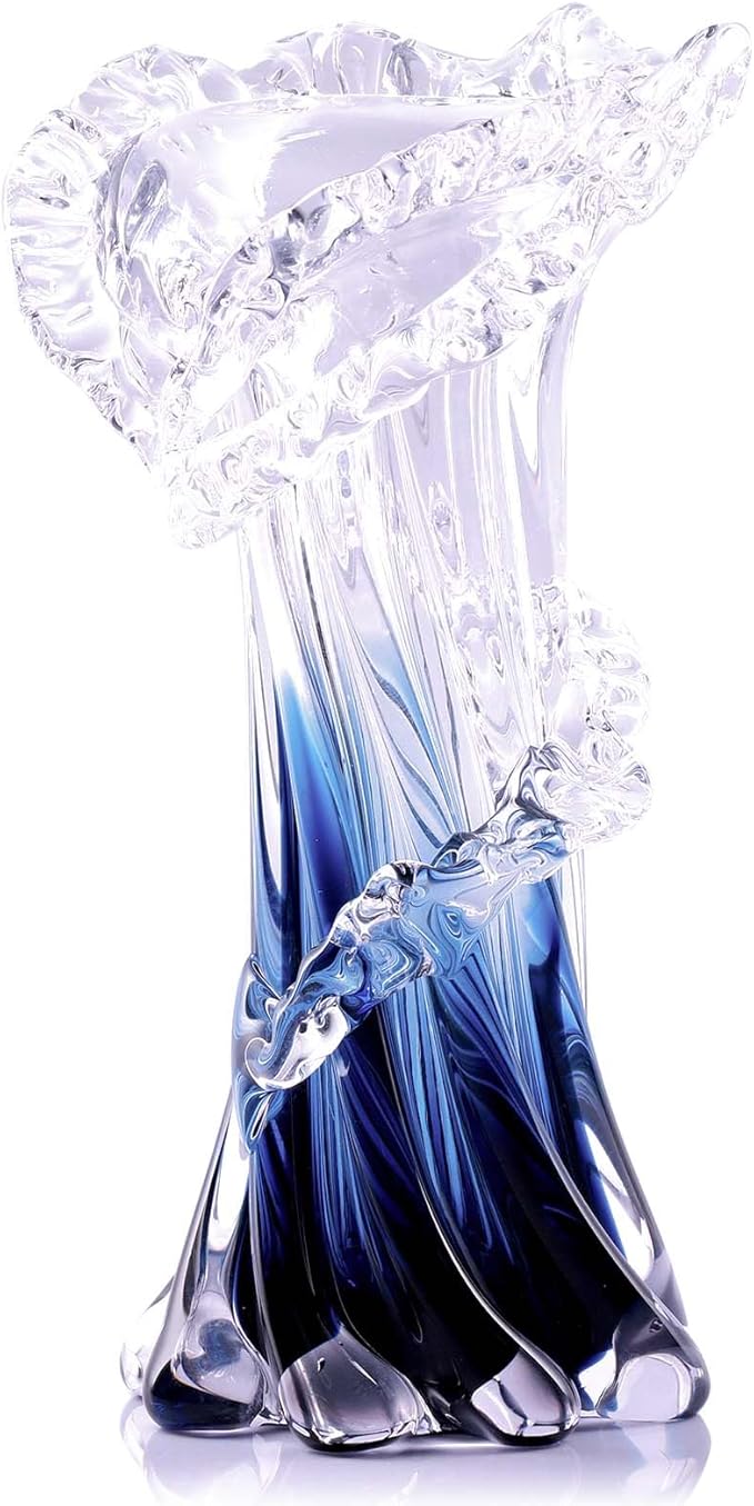 9.8" H Blue Blown Glass Vase, Modern Art Hand Blown Coastal Vase,Beautiful Unique Ocean Wave Centerpieces for Living Room, Bedroom, Office Desktop,Coffee Table and Wedding Decorative (M)