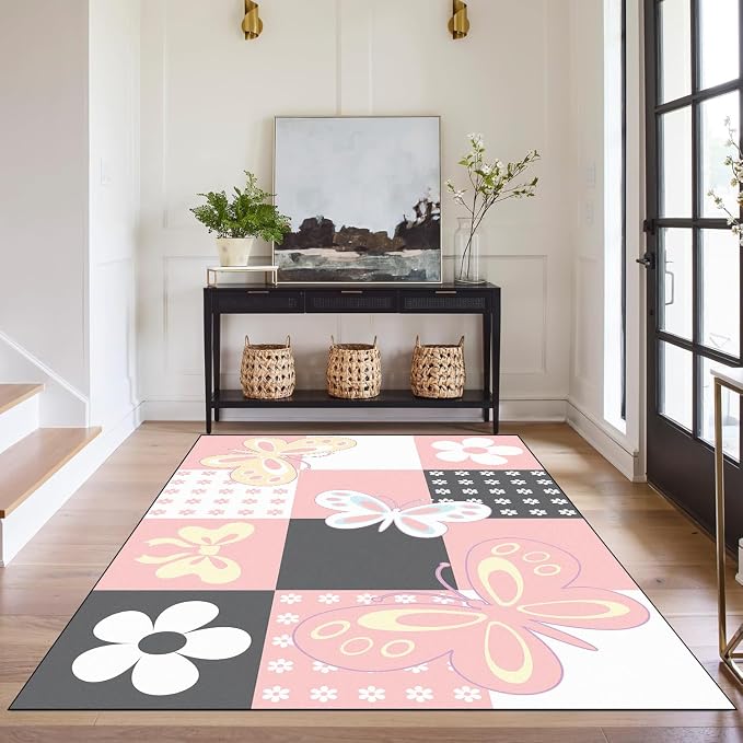5'x7' Butterfly Area Rug Pink Butterfly Checkered Rugs for Bedroom Living Room Nursery Kitchen Playroom Home Decor Cute Flower Carpet Washable Non Slip Floor Mat