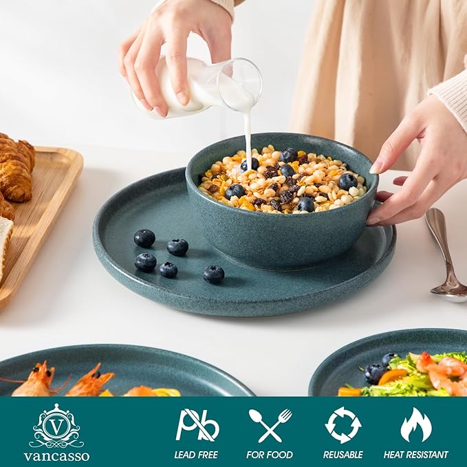 vancasso Plates and Bowls Sets, 18 Pieces Stoneware Dinnerware Set for 6, Ceramic Dish Set for Kitchen, Microwave and Dishwasher Safe, Smoky Teal, Series ZERMATT