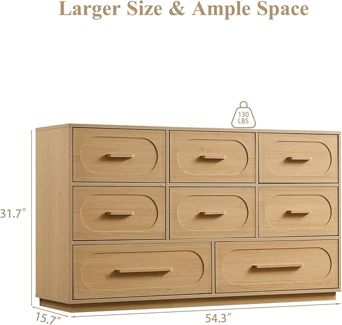 8 Drawers Dresser for Bedroom, 54" Wide Dressers & Chests of Drawers w/Solid Wood Handle, Mid Century Dresser TV Stand w/Natural Texture for Bedroom, Living Room, Natural Oak