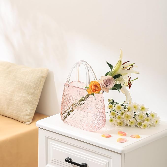 Purse Vase, Glass Bag Vase, Glass Purse Vase for Flowers, Pink Vases, 12 Inch Large Flower Vase with Embossed Pattern for Wedding, Living Room, Bedroom, Table, Office(Round)