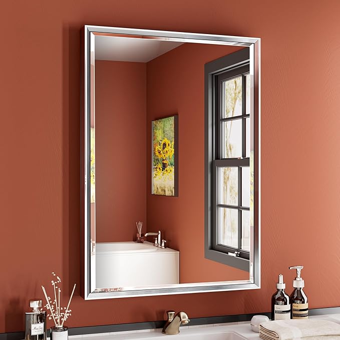 Silver Bathroom Mirror, 22x30 Inch Beveled Rectangle Wall Mounted Mirror, Anti-Rust Silver Metal Framed Vanity Mirror (Vertical/Horizontal)