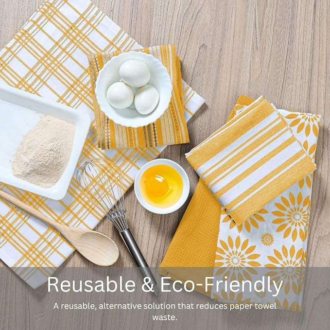 WeWove Assorted Kitchen Towels Set of 5 - 100% Cotton Dish Cloths Towels with Hanging Loop - Soft Absorbent Washable Reusable for Kitchen Use - Quick Drying 16x26 inch Dish Towels Mustard Yellow