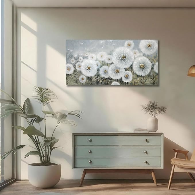 Ardemy Flower Wall Art Canvas Dandelion Painting White Floral Picture, Textured Large Framed for Living Room Bedroom Kitchen Dining Room Bathroom Home Office Decor 40"x20"