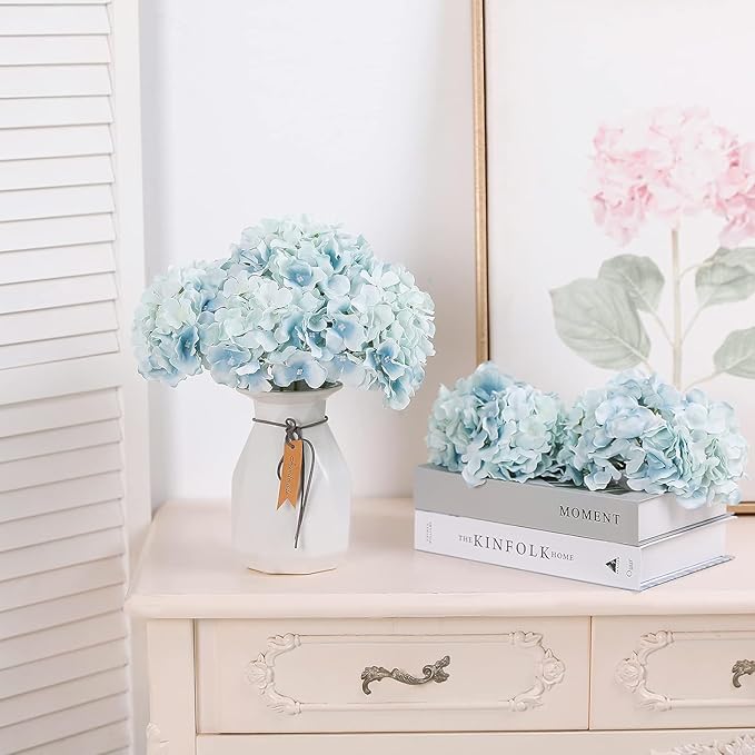 Fake Blue Hydrangea Artificial Flowers - Faux Silk Hydrangeas Flowers Heads with Stems Real Touch for Home Wedding Party Table Decor(Light Blue,Pack of 10)