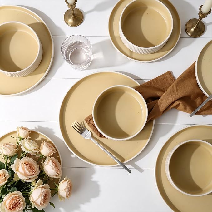 MONITO Ceramic Dinnerware Sets for 4, 12PCS Stoneware Plates and Bowls Sets, Reactive Glaze Dish Set, Chip and Scratch Resistant Double, Microwave and Dishwasher Safe, White Orange