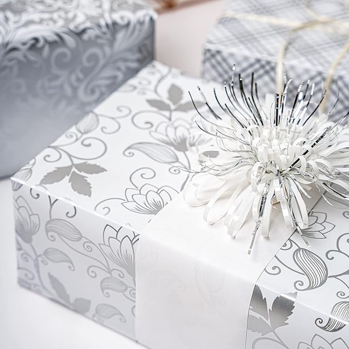 LeZakaa Silver Wrapping Paper Roll, Elegant Metallic Foil Gift Wrap with Floral and Plaid Pattern for Wedding, Anniversary, Birthday, Mothers Day, Bridal Shower, Christmas, 17 x 120 inches, Mini Roll