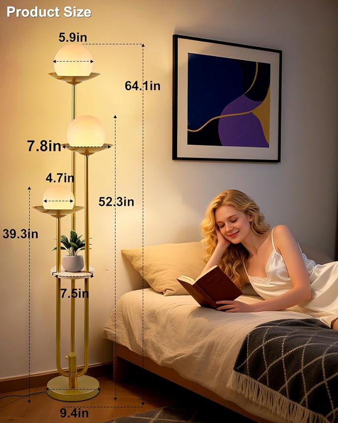 63IN Globe Floor Lamp with Shelf 3-Lights Modern Dimmable Floor Lamps with 3000K Soft Warm White Bulbs for Wedding/Party, Gold Tall Standing Lamp with 5Lbs Heavy Base for Living Room/Bedroom