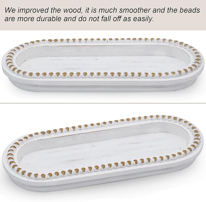 Wood Serving Tray, Wooden Bead Decorative Tray, White Washed Coffee Table Tray for Ottoman, Rustic Distressed Decor for Home, Kitchen, Farmhouse (White)
