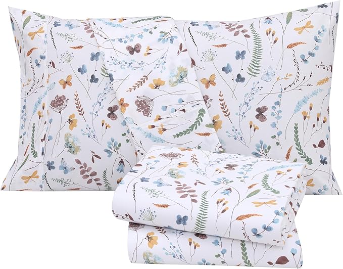 RUVANTI 100% Cotton Full Size Bed Sheets, 4 Pieces, Soft & Breathable Percale Weave Bedding, Deep Pocket 16", Hotel Standard, Crisp Cool Feel, Durable, Perfect Sheet Set Floral, Fern Class