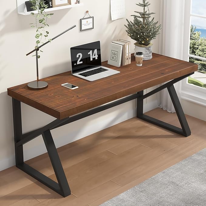 IBF Solid Real Wood 55 Inch Computer Desk, Rustic Writing Study Table for Student, Natural Wooden and Metal Gaming Home Office Desk, Farmhouse Industrial Modern Executive Work Desk Workstation, Brown