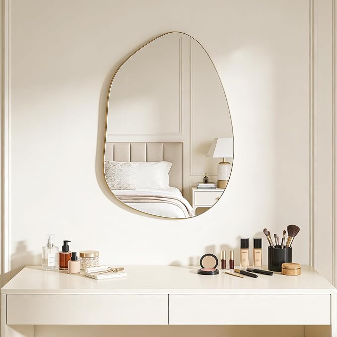 Irregular Wall Mirror Asymmetrical Mirror, Gold Mirror for Bathroom Living Room Entryway Bedroom, Decorative Modern Mirror, Tempered Glass, Shatterproof, Hangs Horizontally or Vertically (28" x 20")