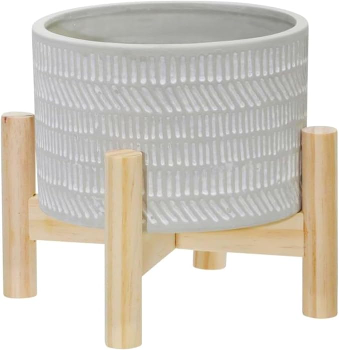 Stoneware Planter With Wood Stand – Plant Stand Indoor For Small Greenery, for Shelf, Table, or Windowsill, Modern Patterned Planter With Plant Riser Accent Home Decor – 6", Ivory Tan
