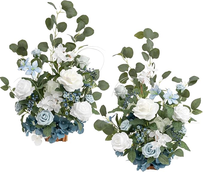 Ling's moment 17.5" Tall Free Standing Artificial Flowers Arrangements 2 pcs Wedding Aisle Runner Chair Decorations Dusty Blue & White Centerpieces for Ceremony Reception Rose Floral Party Outdoor