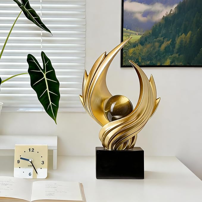 Modern Art Statue Decor, Abstract Swirl-Shaped Sculpture with Glass Ball Resin Art Figurines Centerpiece Sculptures for Home Decor Living Room Stand Coffee Table Office Bookshelf Decoration (gold)