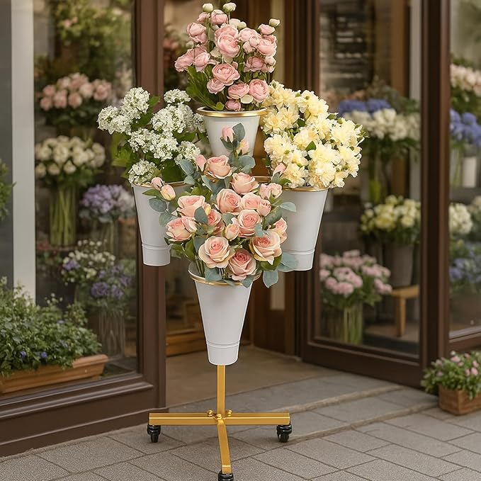Flower Display Stand with Buckets - Flower Cart with Wheels for Bouquet Shop, Metal Flower Rack Display Stand for Wedding Garden, Party, Events (Gold, Round buckets)