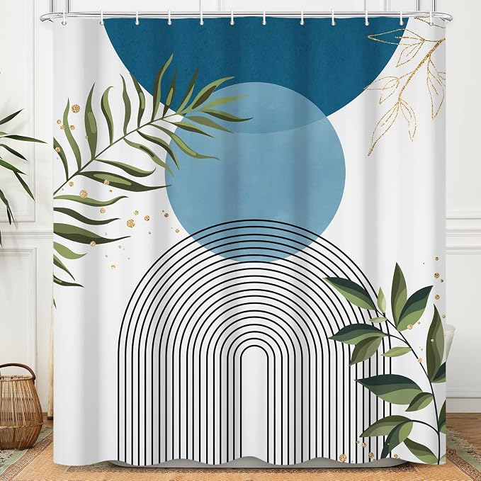 Boho Mid Century Shower Curtain, Light Blue Modern Minimalist Abstract Geometric Gold Plant Leaves Sun Arch Bathroom Curtains Waterproof Fabric Buthtub Curtain Set with Hooks 60" Wx72 L