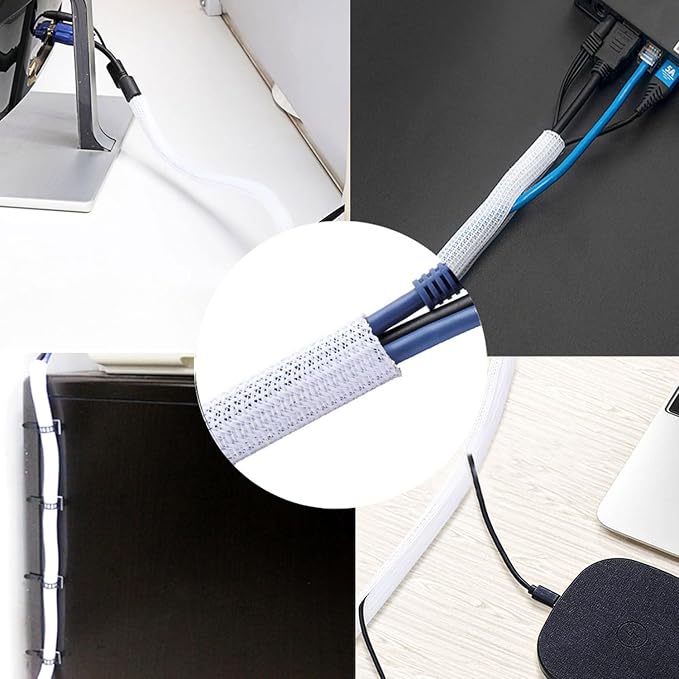 3/4"-25ft Braided Cable Sleeve Protector - Self-Wrapping Split Wire Loom for Home Theater, Pet-Proof Cord Organizer, Heat-Resistant, White