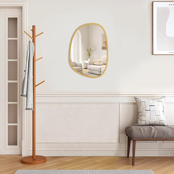 Irregular Gold Modern Asymmetrical Small Wooden Framed Hanging Wall Mirror - Unique Oval Shape for Bedroom, Bathroom, Entryway, Living Room