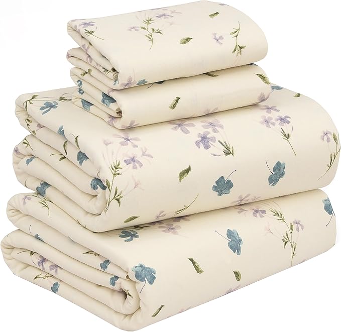RUVANTI Flannel Sheets Queen Size - 100% Cotton Double Brushed Bed Sheets, Deep Pockets 16 Inches Queen Sheet Set, All Seasons Breathable & Extra Soft - Warm & Cozy, 4 Piece, Jasmine Stamp Cream