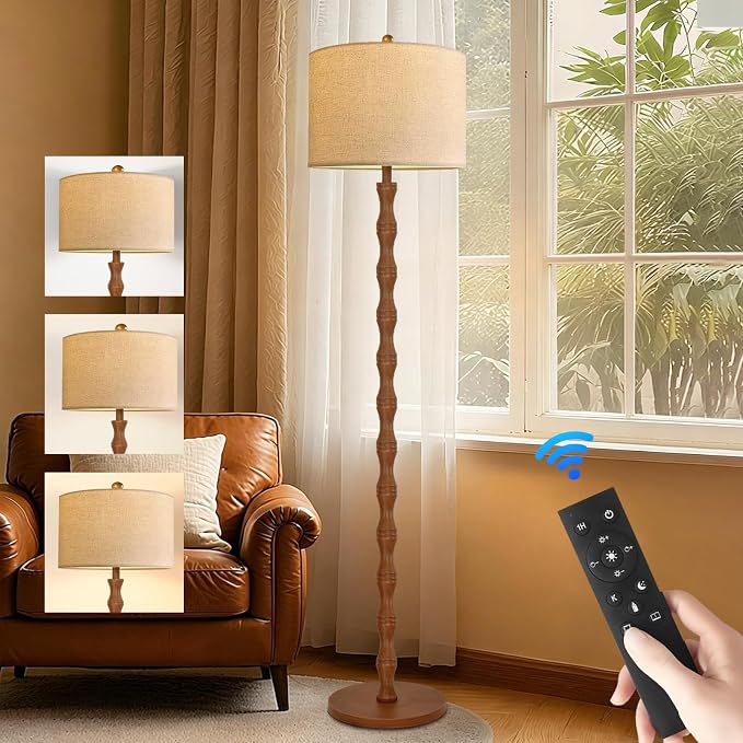 QIYIZM Wood Floor Lamp for Living Room,Bedroom,Vintage Standing Lamp with Remote Dimmable,Farmhouse Mid Century Tall Lamp Rustic Industrial Retro Floor Light Boho Bohemian