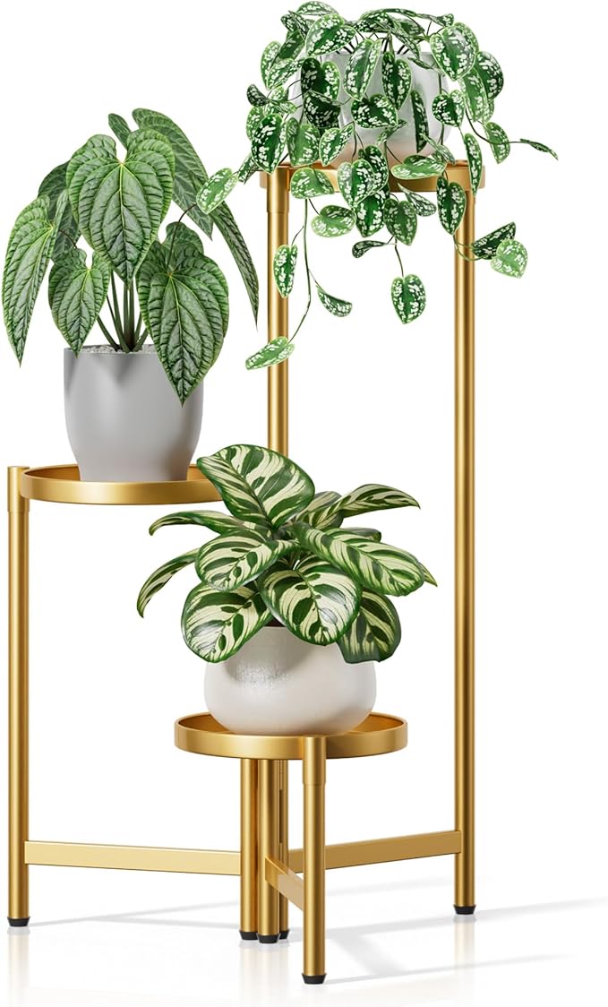 3 Tiered Plant Stand Indoor for Multiple Large Planter, Tall Heavy Duty Adjustable Folding Rack with Rustproof 7.9 Inch Wide Tray, Gold Plant Shelf for Corner Living Room - GoldDisk