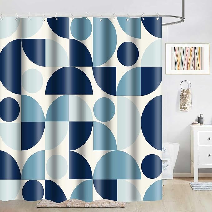 Vintage Blue Mid Century Modern Shower Curtain Boho Abstract Geometric Art Shower Curtains for Bathroom Decor 72x72 Inch Colorful Unique Pattern Washable Fabric Bathroom Set with 12 Hooks