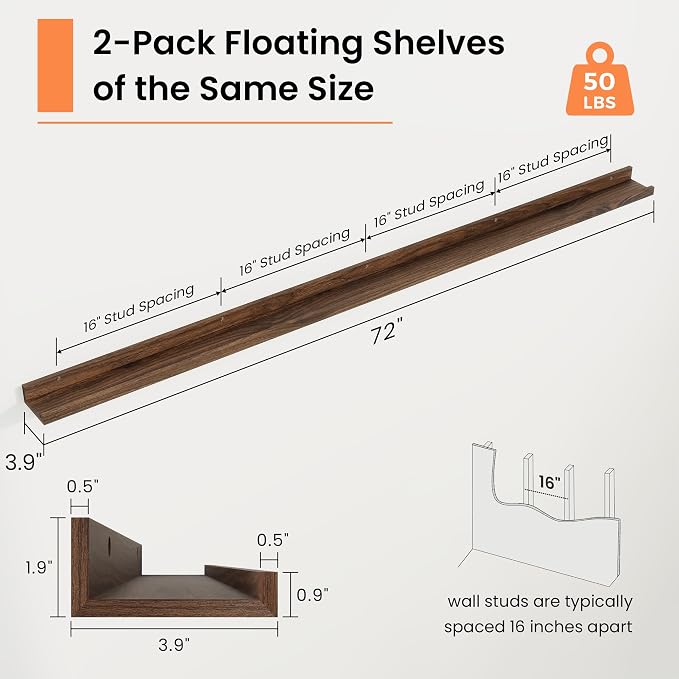 RICHFOCUS Picture Ledge Shelf, 72 inch Floating Shelves Set of 2, Wood Wall Shelves with Lip, Wall Decor Storage for Bedroom Living Room Bathroom Kitchen Nursery Photo Picture, Walnut