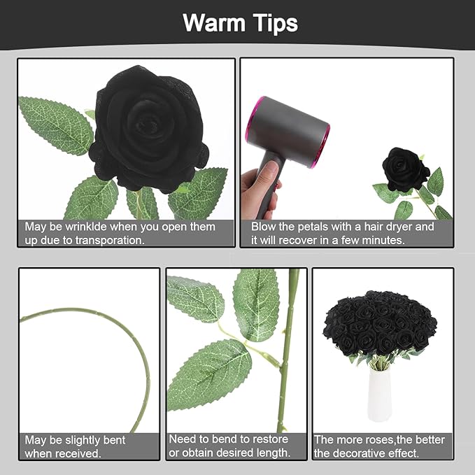 12Pcs Black Roses Artificial Flowers Fake Roses Faux Velvet Silk Flower for Home Wedding Decoration (Pearl Rose, Black)