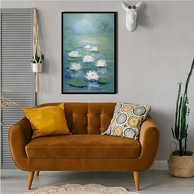 Zen wall art Delicate white lotus flower floating on calm water Vintage oil painting print Serene aquatic wall art creates a tranquil home decor 12x18in Metal blackFramed