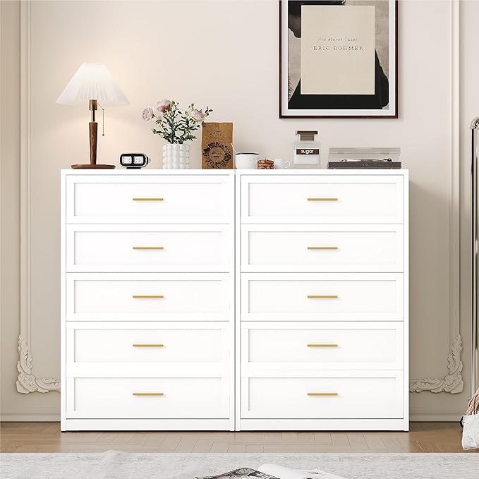 Metal Dresser with 5 Drawer，48" Tall Chest of Drawers with Wide Metal Handle,Drawer Organizer for Bedroom,Living Room,Hallway and Entryway,White