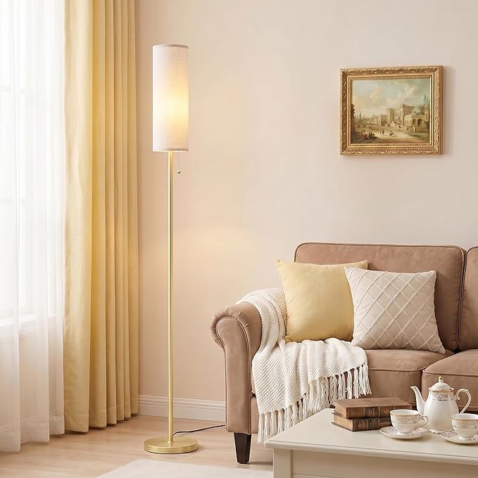Ambimall Floor Lamp for Living Room with 3 Color Temperatures Bulb, 64" Standing lamp with Linen lampshade for Bedroom, Minimalist Pole Lamp, Beige Shade & Gold Pole